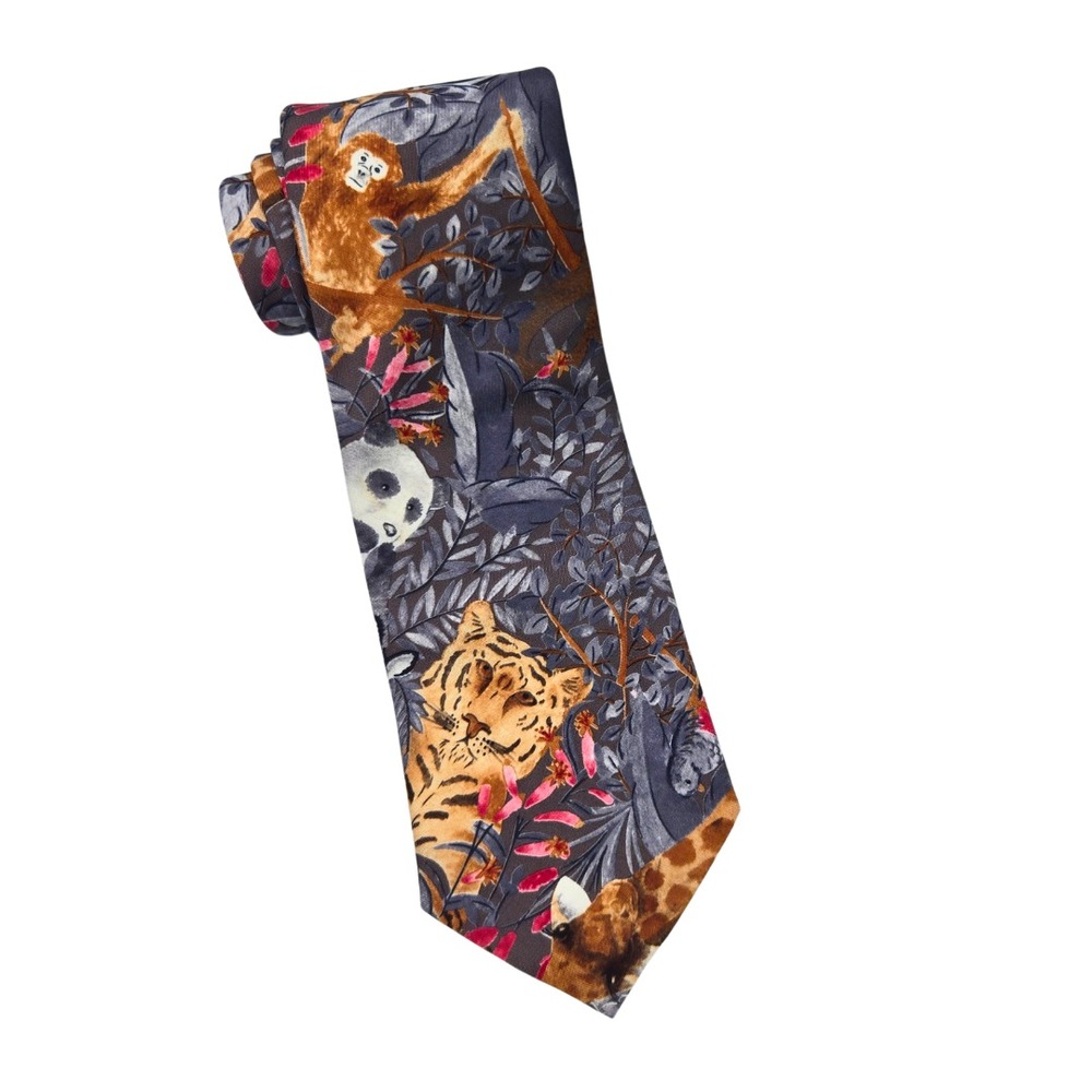 Atonio Calafatano Novelty Silk Tie‎ Animal Print Gray Safari Zoo